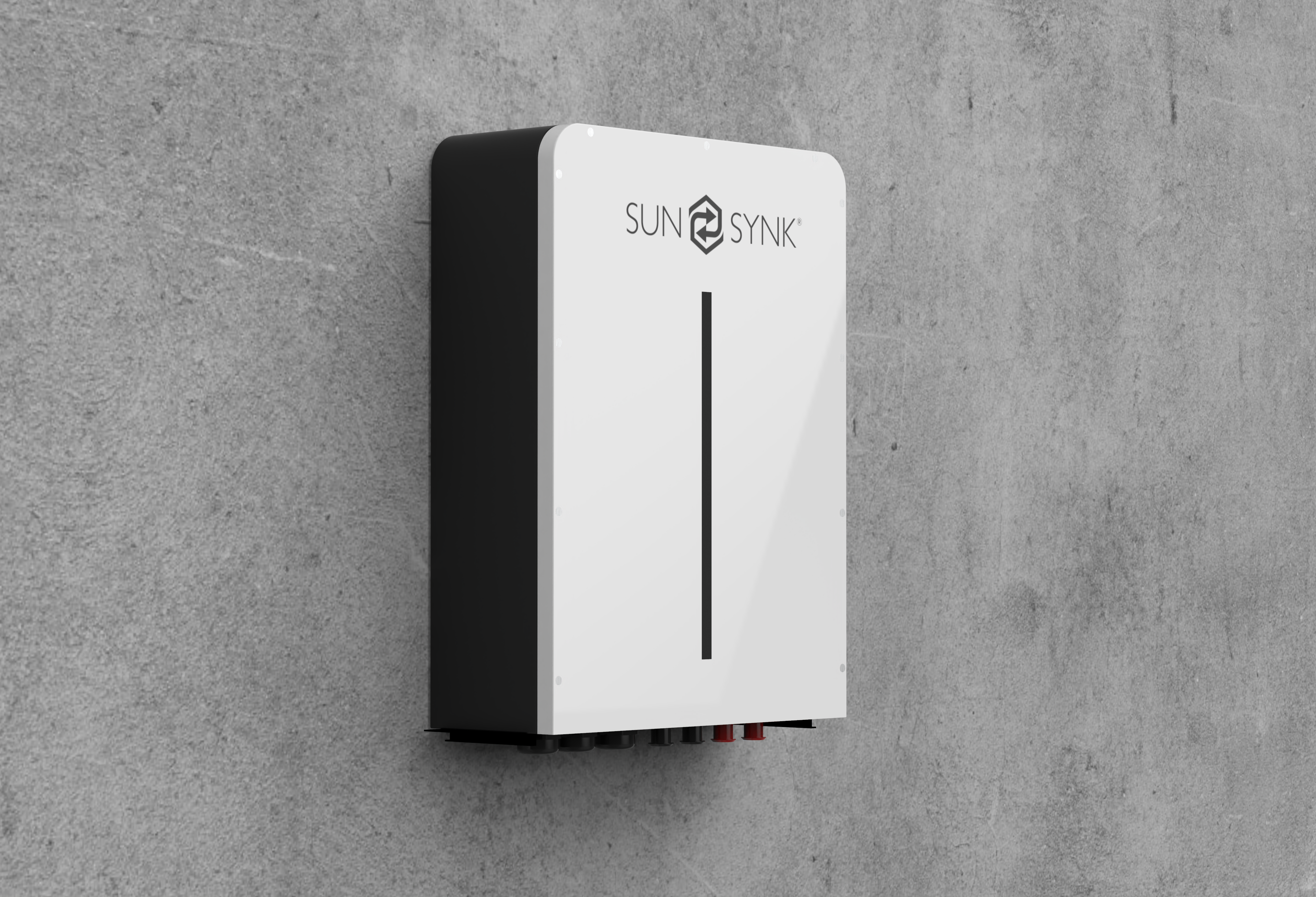 Wall-mounted Sunsynk battery storage device storing excess electricity generated by solar panels.