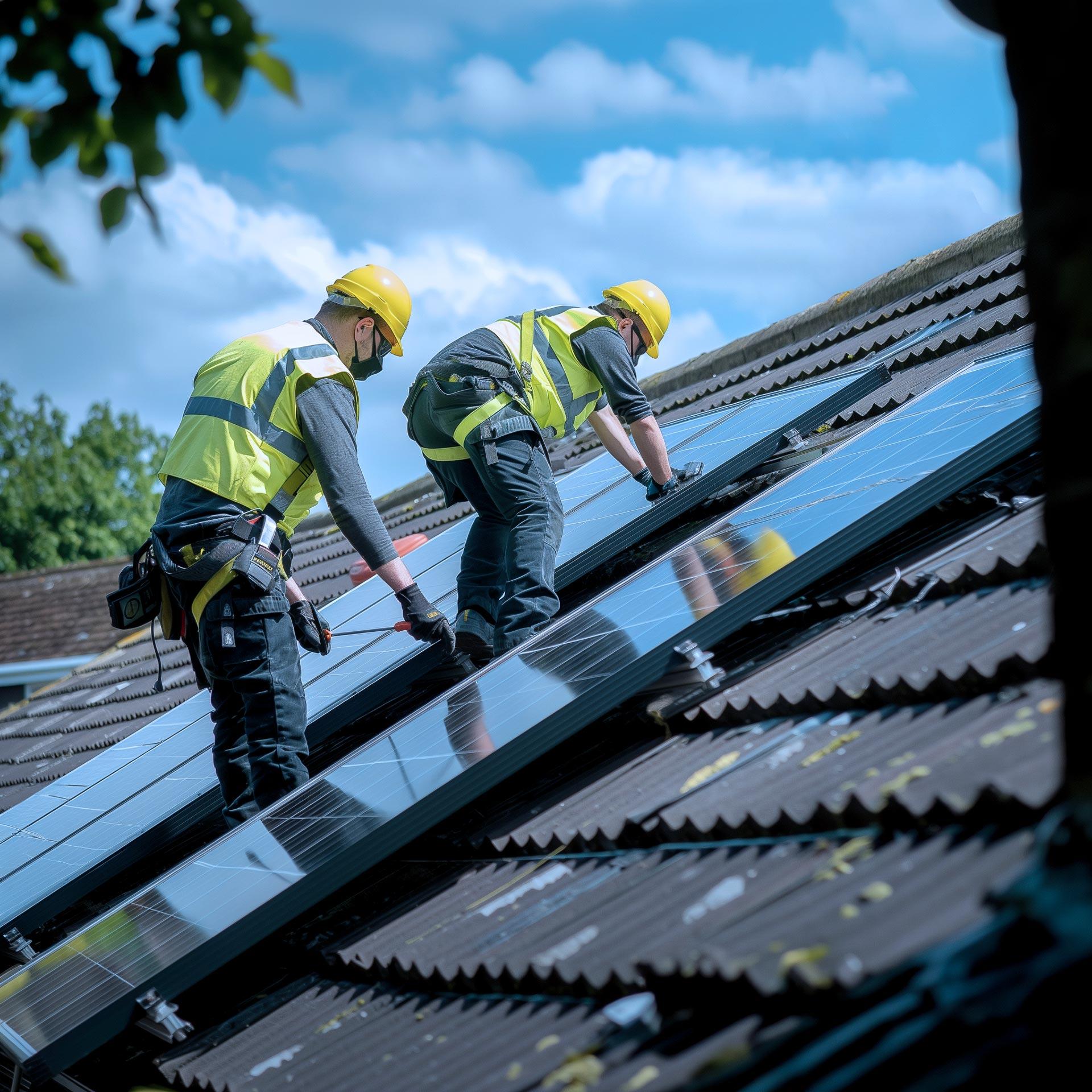 Utilita Home engineers installing solar panels on the roof of a residential home.