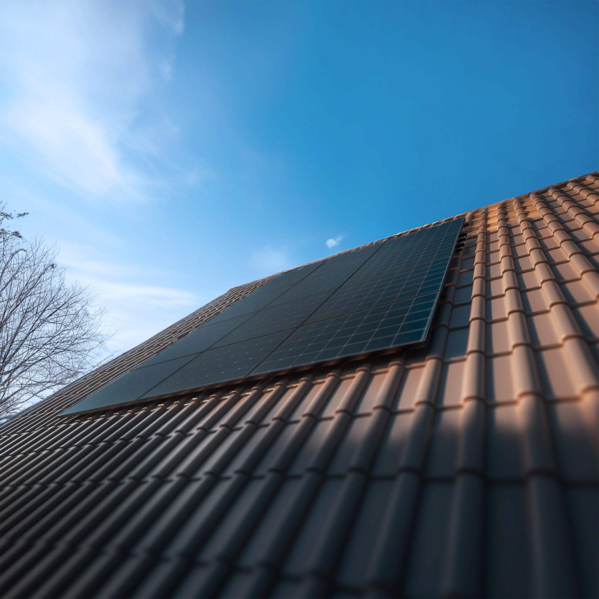 Solar panels on the roof of a residential home generating electricity from the sun.