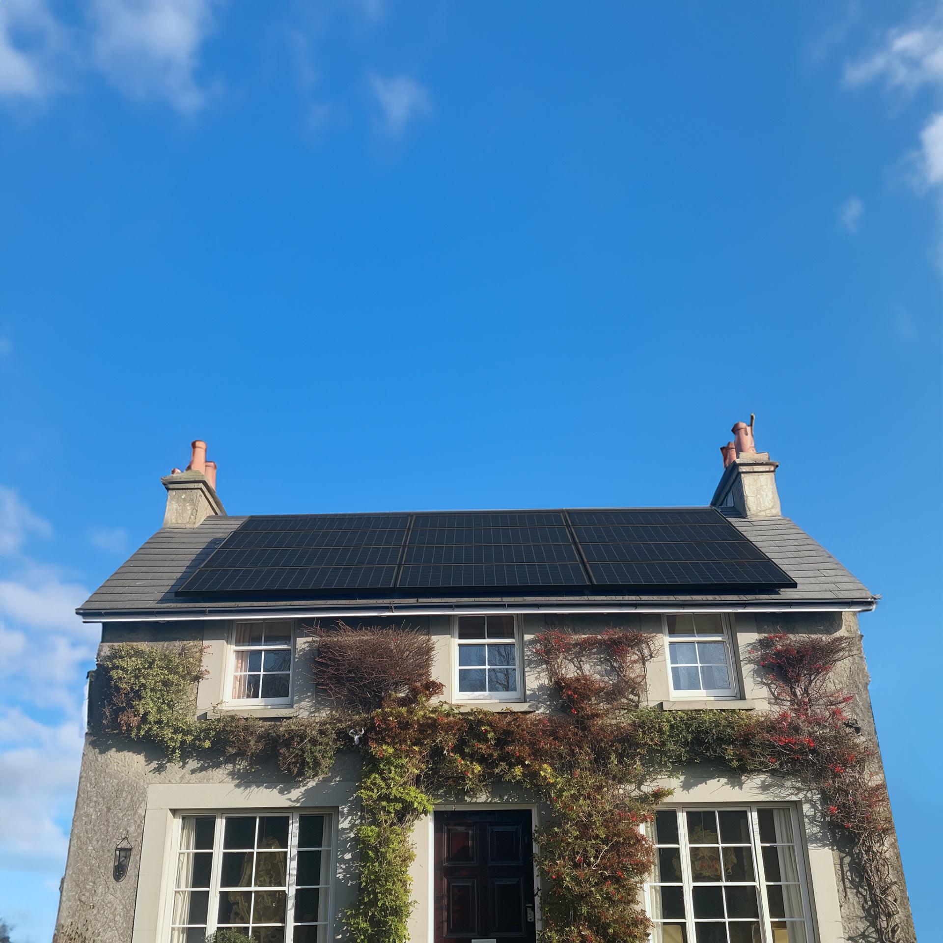 Energy-efficient solar pv panels on the roof of a residential home.