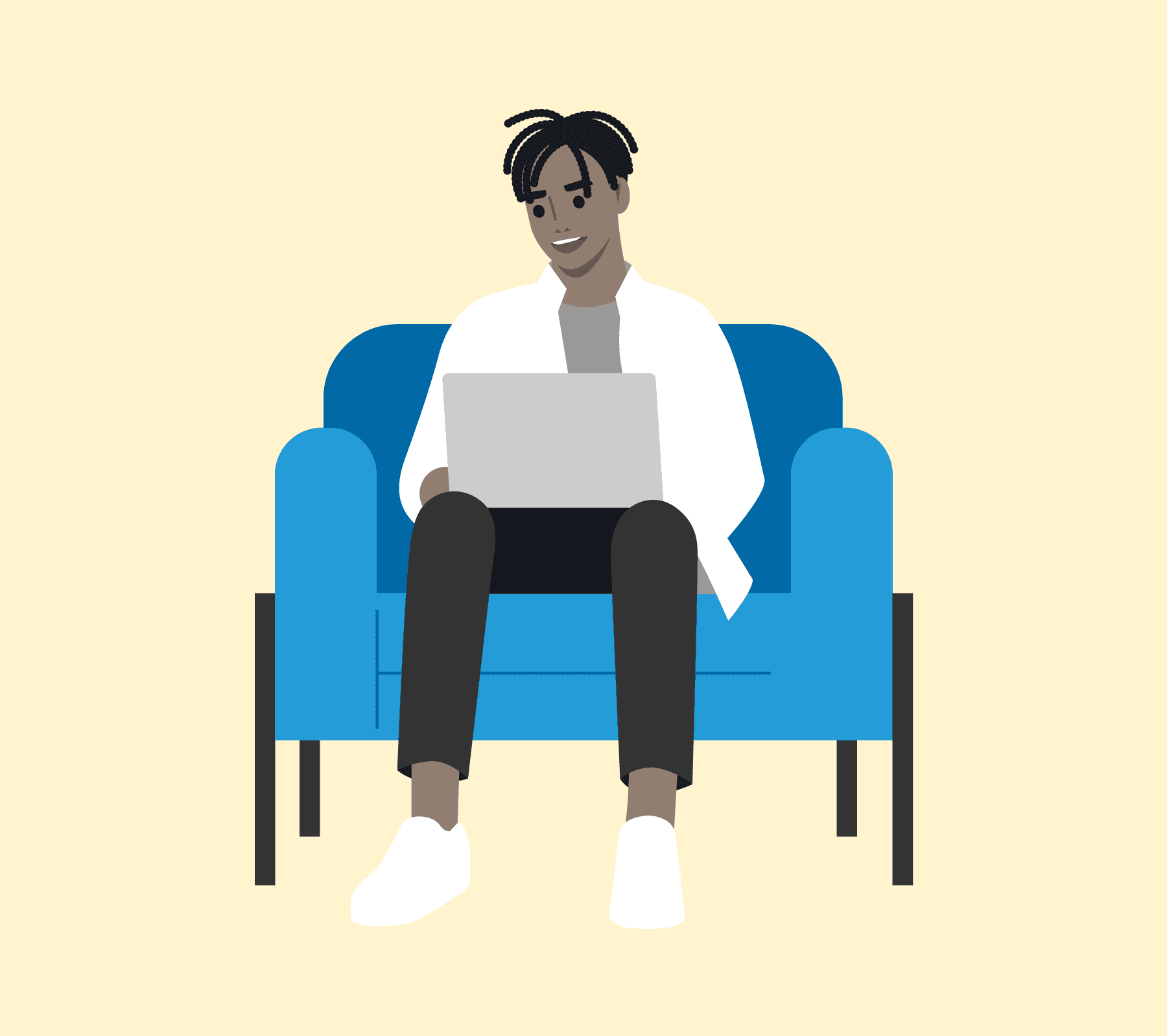 Illustration of a man sat in an armchair whilst using a laptop to get a quick solar panel installation quote.