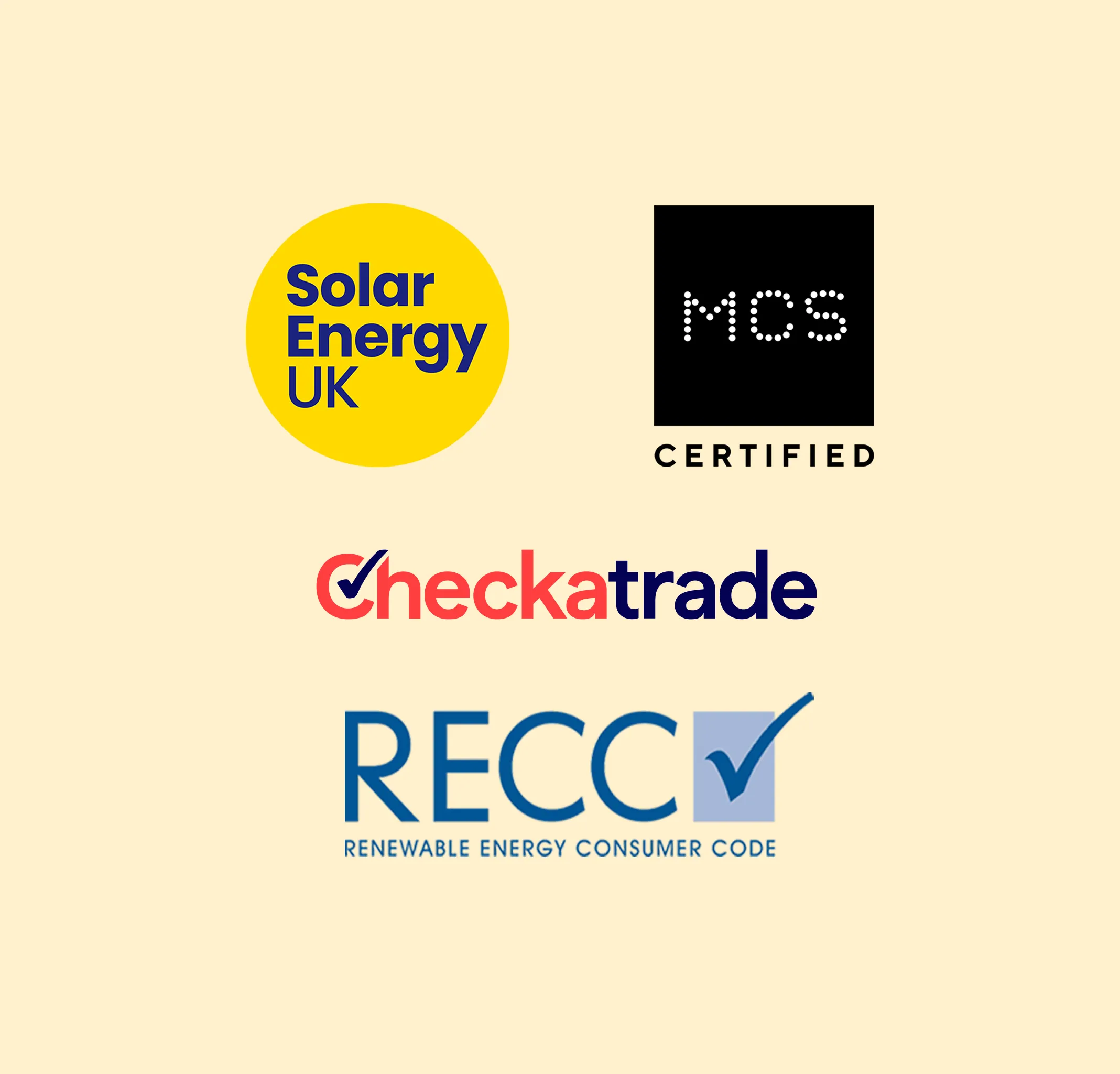 Utilita Home's solar panel installation accreditations, including MCS certified, Checkatrade, RECC & Solar Energy UK.