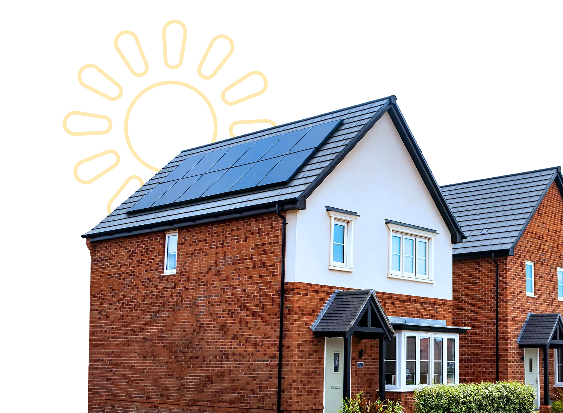 An image of a house with solar panels on the side of the roof, against a background illustration of the sun.