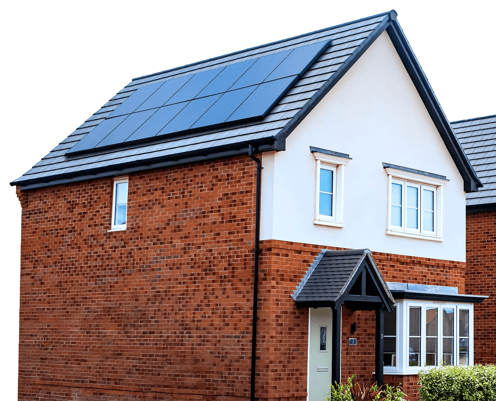 A detached suburban house with a 12 panel solar package from Utilita Home installed on the roof.