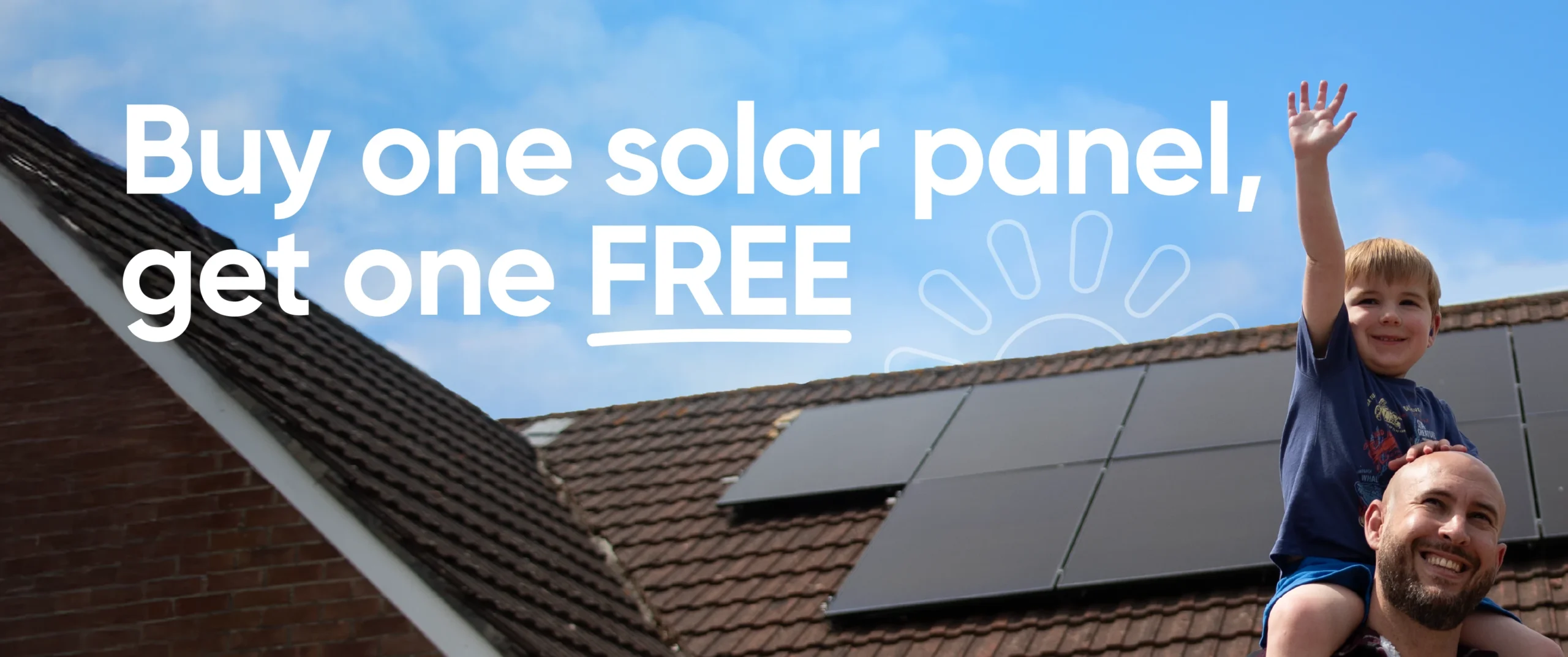 Father with young son on his shoulders celebrating outside their home after getting a buy one get one free solar panel deal.