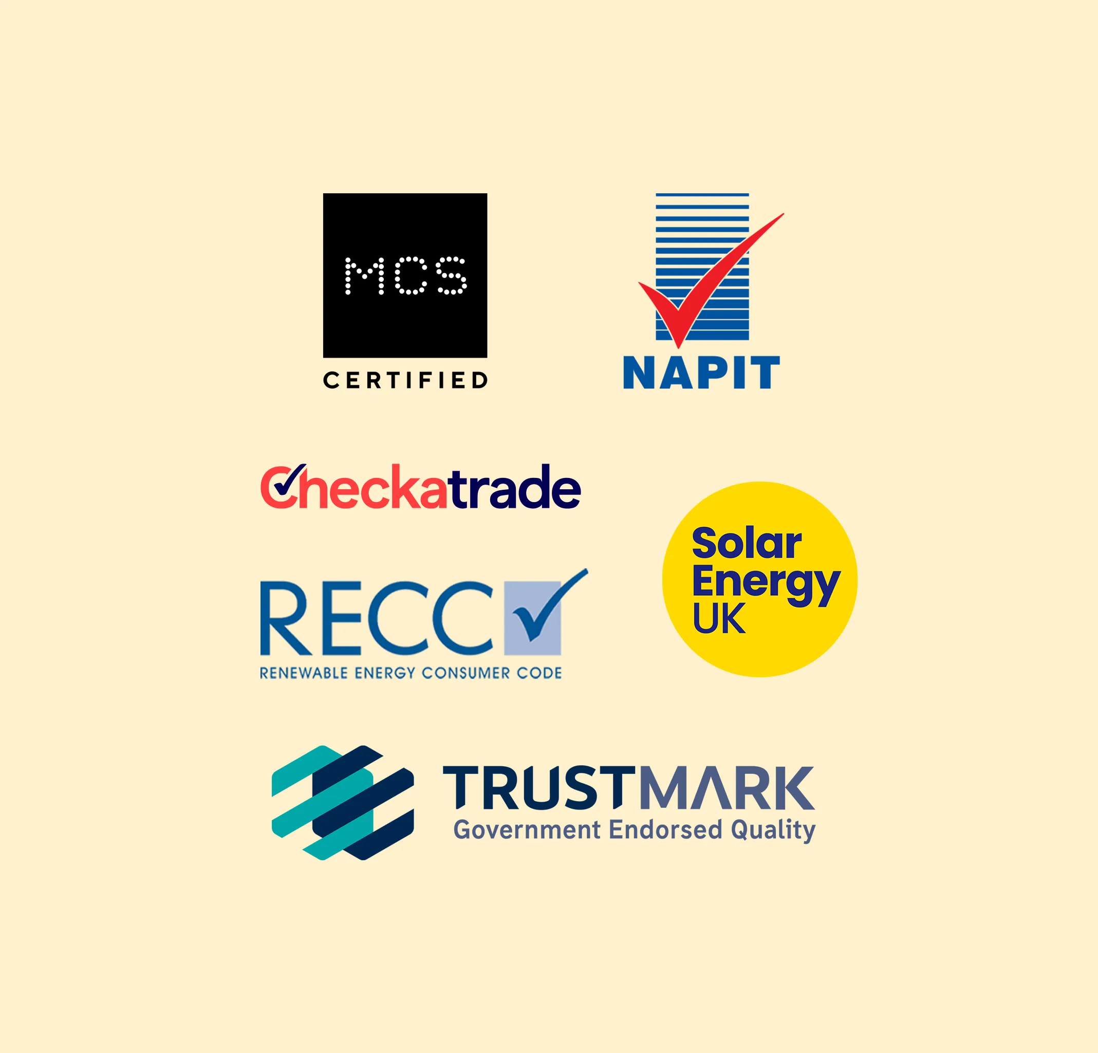 Utilita Home's solar panel accreditations - MCS certified, NAPIT, Checkatrade, RECC, Solar Energy UK, & TrustMark.