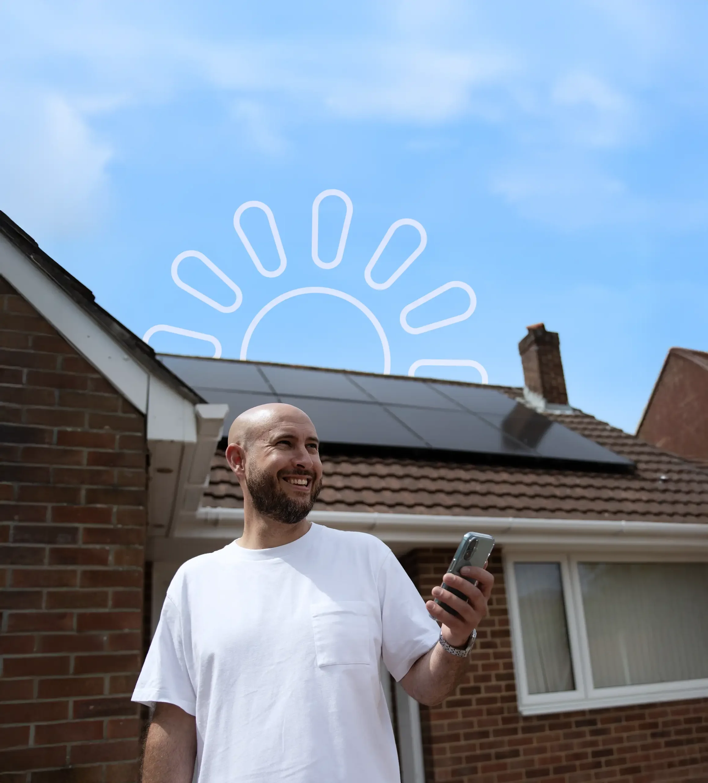 Man standing outside his house smiling, viewing the savings he has made with solar battery storage & Utilita Optimise.