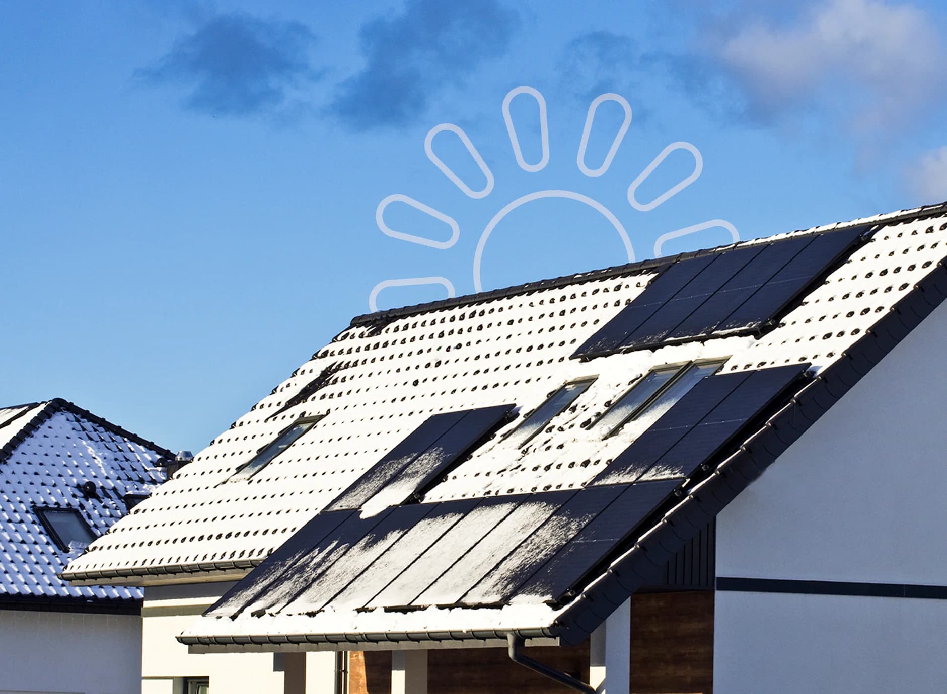 A house with a rooftop solar package installed, capturing sunlight on a crisp day - proving that solar panels work in winter.