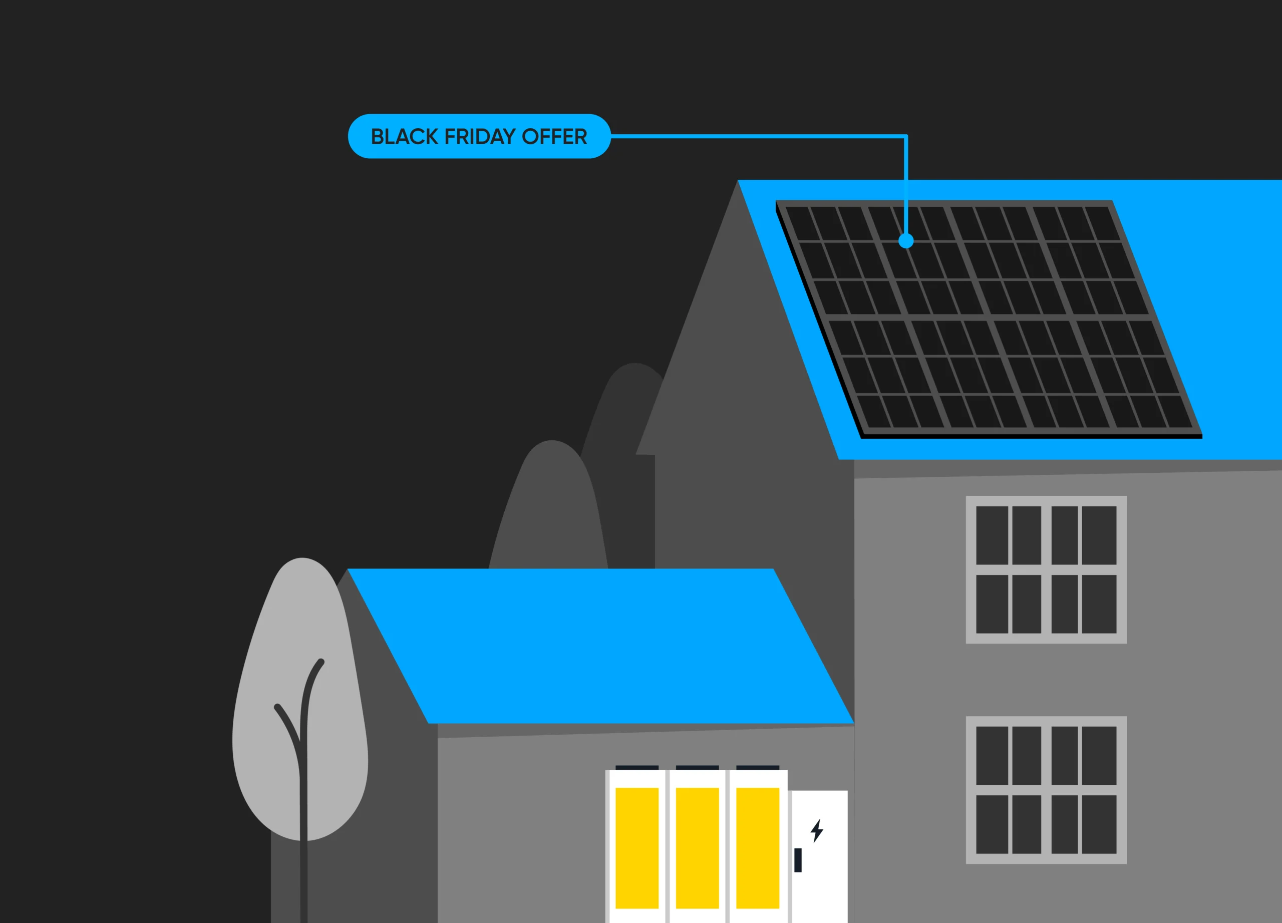 Illustration of a house with solar panels & battery, promoting the Utilita Home Black Friday offer.
